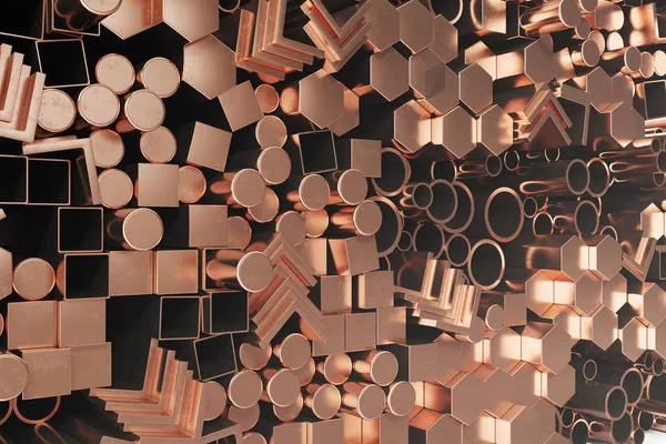 Perfiles cilíndricos de acero al cobre, perfiles hexagonales de acero al cobre, perfiles cuadrados de acero al cobre. Diferentes productos de acero de cobre, ilustración 3D — Foto de Stock
