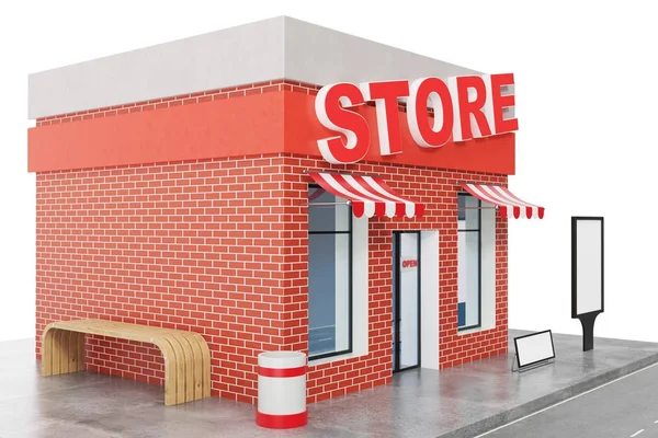 Store with copy space board isolated on white background. Modern shop buildings, store facades. Exterior market. Exterior facade store building, 3D rendering — Stock Photo, Image