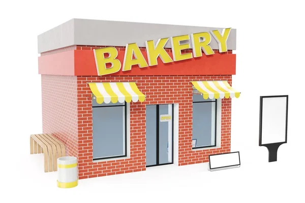 Bäckerladen mit Kopierraum Bord isoliert auf weißem Hintergrund. moderne Ladengebäude, Ladenfassaden. Außenmarkt. Außenfassade Ladengebäude, 3D-Rendering — Stockfoto