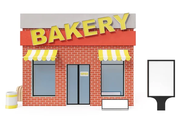 Tienda de panadería con placa de espacio de copia aislada sobre fondo blanco. Tiendas modernas, fachadas de tiendas. Mercado exterior. Edificio exterior de la tienda de fachadas, renderizado 3D —  Fotos de Stock