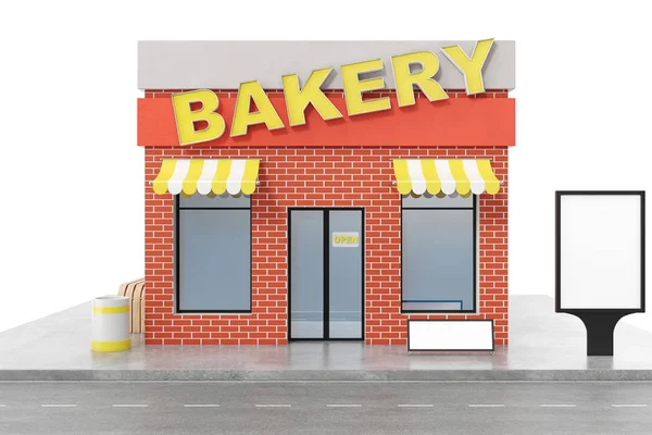 Bakery Store with copy space board isolated on white background. Modern shop buildings, store facades. Exterior market. Exterior facade store building, 3D rendering