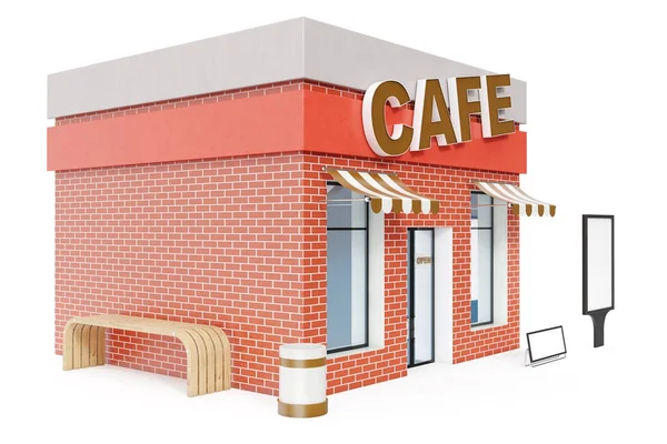 Cafe Store with copy space board isolated on white background. Modern shop buildings, store facades. Exterior market. Exterior facade store building, 3D rendering