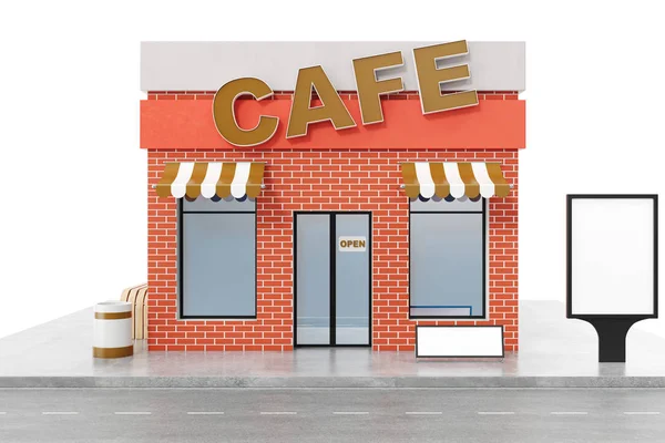 Cafe Store with copy space board isolated on white background. Modern shop buildings, store facades. Exterior market. Exterior facade store building, 3D rendering