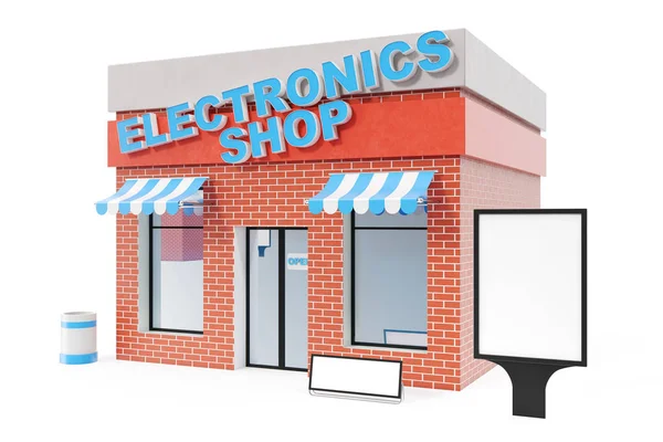 Electrónica Tienda con placa de espacio de copia aislada sobre fondo blanco. Tiendas modernas, fachadas de tiendas. Mercado exterior. Edificio exterior de la tienda de fachadas, renderizado 3D — Foto de Stock