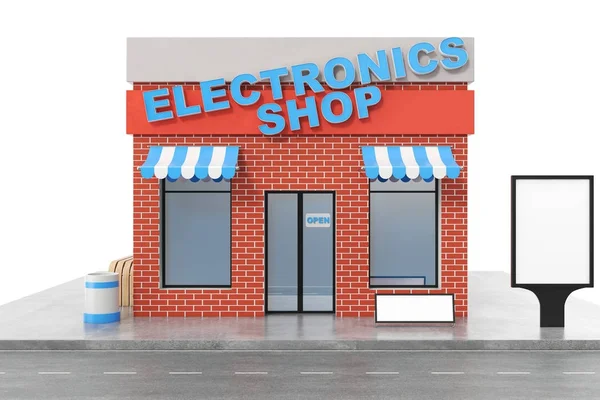 Electronics Store with copy space board isolated on white background. Modern shop buildings, store facades. Exterior market. Exterior facade store building, 3D rendering