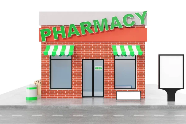 Farmacia Store con bordo spazio copia isolato su sfondo bianco. Moderni edifici commerciali, facciate dei negozi. Mercato esterno. Facciata esterna negozio edificio, rendering 3D — Foto Stock