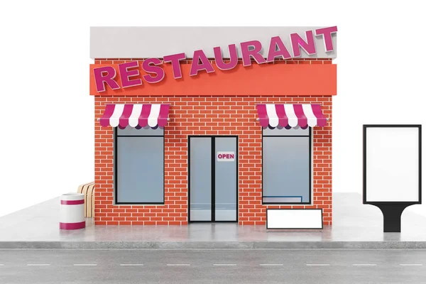 Restaurant-Geschäft mit Kopierraum Bord isoliert auf weißem Hintergrund. moderne Ladengebäude, Ladenfassaden. Außenmarkt. Außenfassade Ladengebäude, 3D-Rendering — Stockfoto