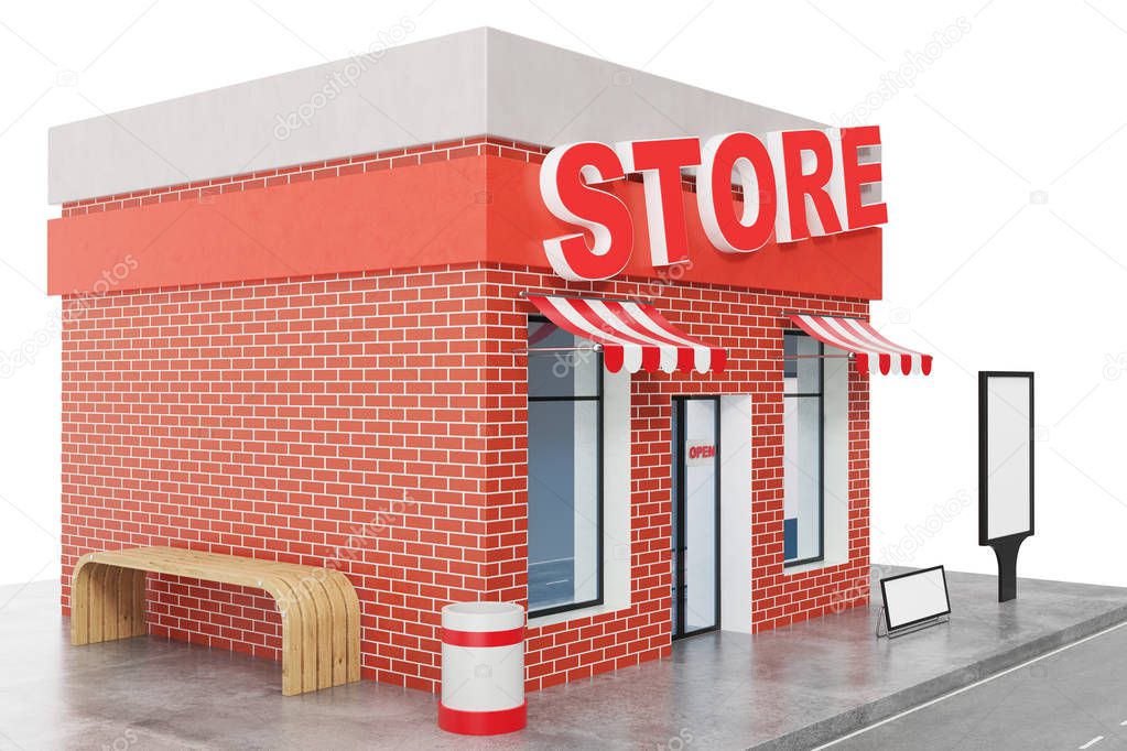 Store with copy space board isolated on white background. Modern shop buildings, store facades. Exterior market. Exterior facade store building, 3D rendering
