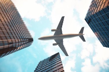 Gökdelenlerin düşük açılı görünüş. Gün batımı perspektif kadar arıyor, gökdelenler. Alt görünümü içinde ışık gün batımında akşam iş bölgesinde modern gökdelenlerin. Başarı sanayi tec iş kavramı