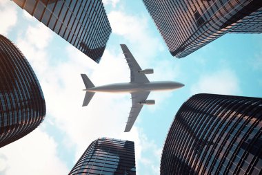 Gökdelenlerin düşük açılı görünüş. Gün batımı perspektif kadar arıyor, gökdelenler. Alt görünümü içinde ışık gün batımında akşam iş bölgesinde modern gökdelenlerin. Başarı sanayi tec iş kavramı