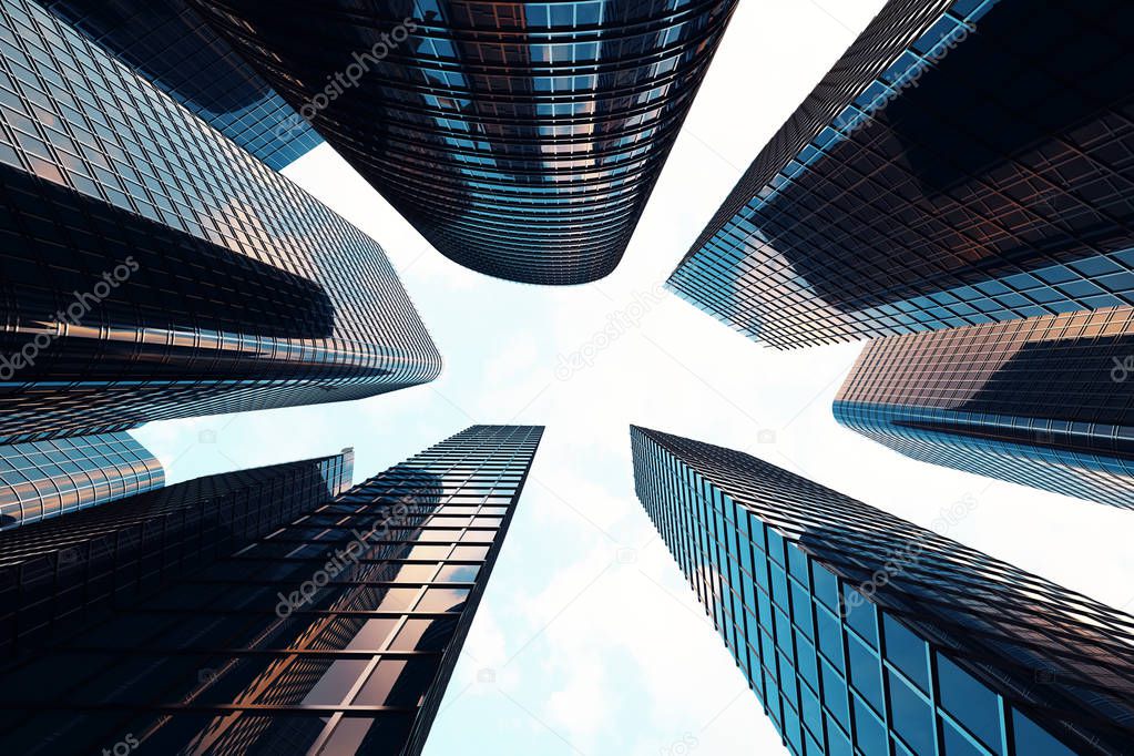 Low angle view of skyscrapers. Skyscrapers at sunset looking up perspective. Bottom view of modern skyscrapers in business district in evening light at sunset. Business concept of success industry tec