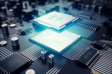 3D render devre kartı. Teknolojik altyapı. Merkez bilgisayar işlemci Cpu kavramı. Anakart dijital çip. Teknik bilim Eda arka plan. Tümleşik iletişim işlemci, bilgi Cpu e