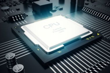 3D render devre kartı. Teknolojik altyapı. Merkez bilgisayar işlemci Cpu kavramı. Anakart dijital çip. Teknik bilim Eda arka plan. Tümleşik iletişim işlemci, bilgi Cpu e