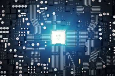 3D render devre kartı. Teknolojik altyapı. Merkez bilgisayar işlemci Cpu kavramı. Anakart dijital çip. Teknik bilim Eda arka plan. Tümleşik iletişim işlemci, bilgi Cpu e