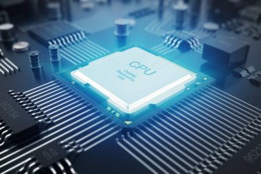3D render devre kartı. Teknolojik altyapı. Merkez bilgisayar işlemci Cpu kavramı. Anakart dijital çip. Teknik bilim Eda arka plan. Tümleşik iletişim işlemci, bilgi Cpu e