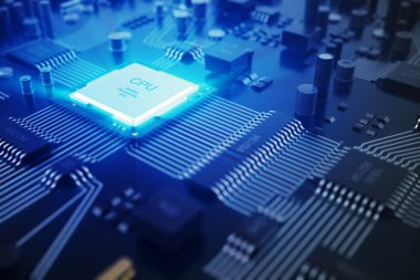 3D render devre kartı. Teknolojik altyapı. Merkez bilgisayar işlemci Cpu kavramı. Anakart dijital çip. Teknik bilim Eda arka plan. Tümleşik iletişim işlemci, bilgi Cpu e