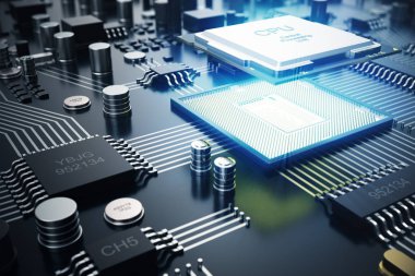 3D render devre kartı. Teknolojik altyapı. Merkez bilgisayar işlemci Cpu kavramı. Anakart dijital çip. Teknik bilim Eda arka plan. Tümleşik iletişim işlemci, bilgi Cpu e