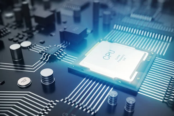 3D-Rendering-Platine. Technologie-Hintergrund. CPU-Konzept für zentrale Computerprozessoren. Motherboard-Digitalchip. Technikwissenschaft als Hintergrund. Integrierter Kommunikationsprozessor, Informations-CPU e — Stockfoto