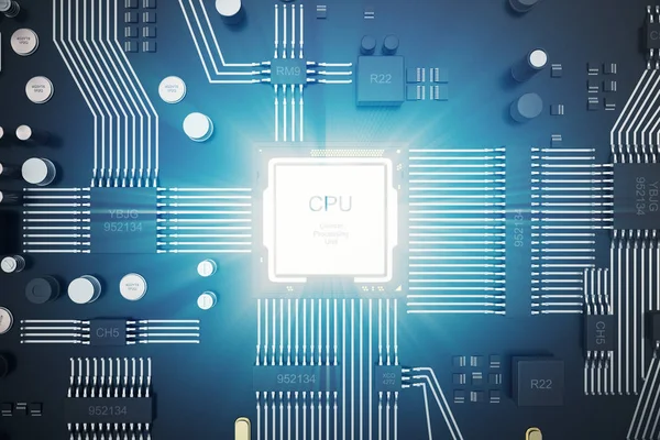 Placa de circuito de renderização 3D. Antecedentes tecnológicos Central Computer Processors conceito CPU. Ficha digital da placa-mãe. Antecedentes da EDA. Processador de comunicação integrado, CPU de informação e — Fotografia de Stock