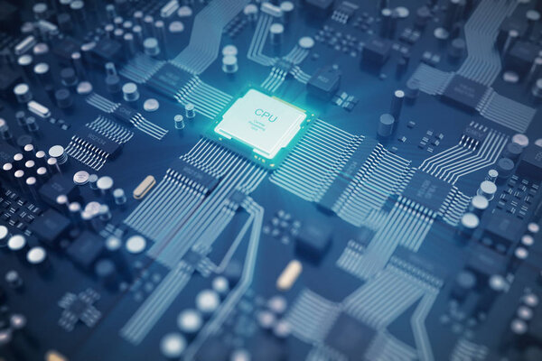 3D рендеринг Circuit board. Технологический фон. Концепция центрального процессора. Цифровой чип материнской платы. Техническое образование EDA. Интегрированный коммуникационный процессор, Информационный процессор e
