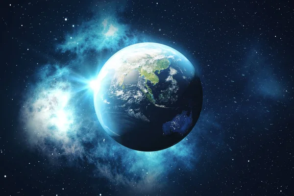 Świecie świata 3D renderowania z kosmosu w wyświetlone pole gwiazdowe nocne niebo z gwiazd i Nebula. Widok ziemi z przestrzeni kosmicznej. Elementy tego obrazu dostarczone przez Nasa — Zdjęcie stockowe
