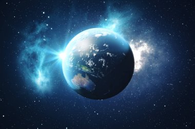 3D render dünya küre bir yıldız alanı gösteren gece gökyüzünde yıldızlar ve Nebula ile uzaydan. Uzaydan Dünya'nın görünümü. Nasa tarafından döşenmiş bu görüntü unsurları