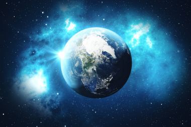 3D render dünya dünya uzaydan. Uzay manzara mavi gündoğumu. Gece gökyüzünde yıldızlar ve Nebula ile gösterilen. Nasa tarafından döşenmiş bu görüntü unsurları.