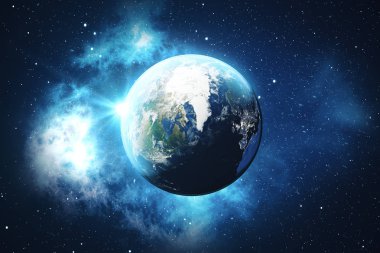 3D render dünya dünya uzaydan. Uzay manzara mavi gündoğumu. Gece gökyüzünde yıldızlar ve Nebula ile gösterilen. Nasa tarafından döşenmiş bu görüntü unsurları.