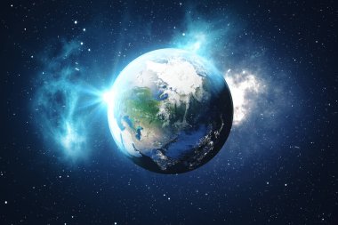 3D render dünya dünya uzaydan. Uzay manzara mavi gündoğumu. Gece gökyüzünde yıldızlar ve Nebula ile gösterilen. Nasa tarafından döşenmiş bu görüntü unsurları.