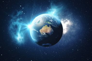 3D render dünya küre. Dünya küresi zemin yıldız ve bulutsu. Toprak, Galaxy ve uzaydan güneş. Mavi güneş doğuyor. Nasa tarafından döşenmiş bu görüntü unsurları