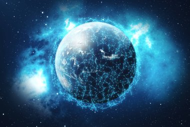 3D render uzayda Dünya gezegeni üzerinde ağ ve veri değişimi. Bağlantı etrafında dünya küre hatları. Çaplı uluslararası Connectivity. Nasa tarafından döşenmiş bu görüntü unsurları