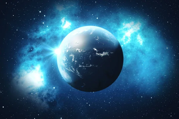 Globo del mondo di rendering 3D dallo spazio in un campo stellare che mostra cielo notturno con stelle e nebulosa. Vista della Terra dallo spazio. Elementi di questa immagine forniti dalla NASA — Foto Stock