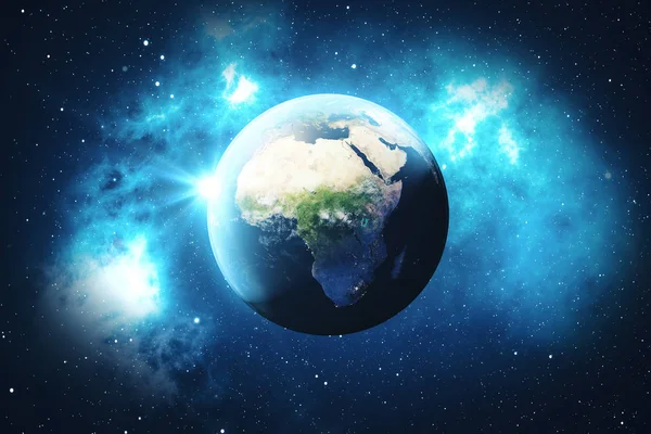 3D render dünya küre. Dünya küresi zemin yıldız ve bulutsu. Toprak, Galaxy ve uzaydan güneş. Mavi güneş doğuyor. Nasa tarafından döşenmiş bu görüntü unsurları