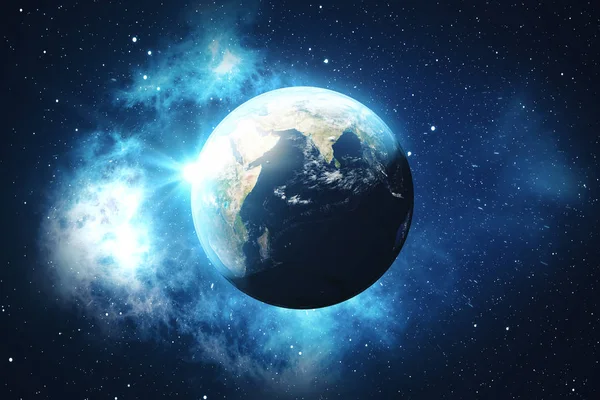 3D Rendering World Globe ค่ะ โลกที่มีฉากหลัง ดาวและเนบิวลา โลก กาแล็กซี่ และดวงอาทิตย์จากอวกาศ บลูซันไรซ์ องค์ประกอบของภาพนี้ที่จัดทําโดยนาซ่า — ภาพถ่ายสต็อก