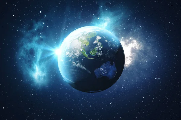 Globo del mondo di rendering 3D. Globo terrestre con stelle sullo sfondo e nebulosa. Terra, galassia e sole dallo spazio. Blue Sunrise. Elementi di questa immagine forniti dalla NASA — Foto Stock