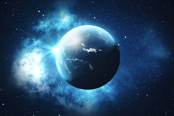 3D-рендеринг мирового глобуса. Земной глобус с фоновыми звездами и туманностью. Земля, Галактика и Солнце из космоса. Blue Sunrise. Элементы этого изображения предоставлены НАСА — стоковое фото