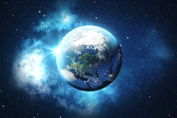 3D Rendering World Globe จากอวกาศ บลูซันไรซ์วิวจากอวกาศค่ะ แสดงไนท์สกายด้วยดาวและเนบิวลา องค์ประกอบของภาพนี้ที่จัดทําโดยนาซ่า . — ภาพถ่ายสต็อก