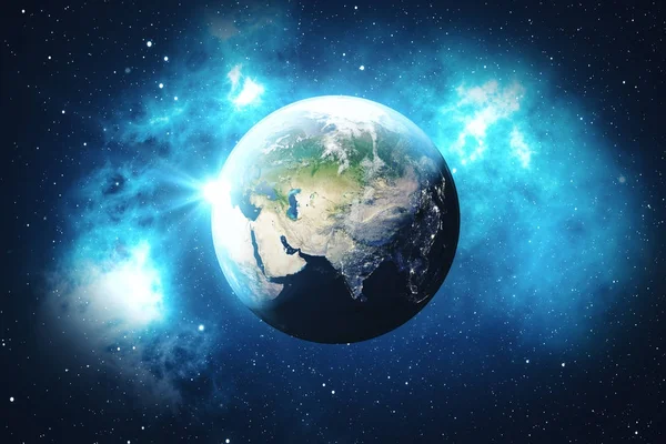3D Рендеринг мирового глобуса из космоса. Blue Sunrise View from Space. Показывает ночное небо со звездами и туманностью. Элементы этого изображения предоставлены НАСА . — стоковое фото