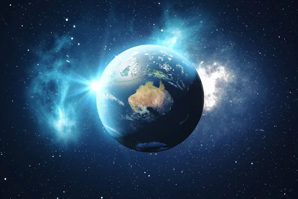 Globo del mondo di rendering 3D. Globo terrestre con stelle sullo sfondo e nebulosa. Terra, galassia e sole dallo spazio. Blue Sunrise. Elementi di questa immagine forniti dalla NASA — Foto Stock