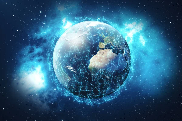 Renderização 3D Rede e troca de dados sobre o planeta Terra no espaço. Linhas de conexão em torno do globo terrestre. Conectividade Internacional Global. Elementos desta imagem fornecidos pela NASA — Fotografia de Stock