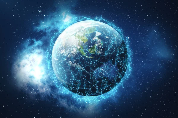 3D Rendering Global Network and Data Exchange. Connection lines Around Earth Globe. Global International Connectivity. Elements of this image furnished by NASA. — Stock Photo, Image