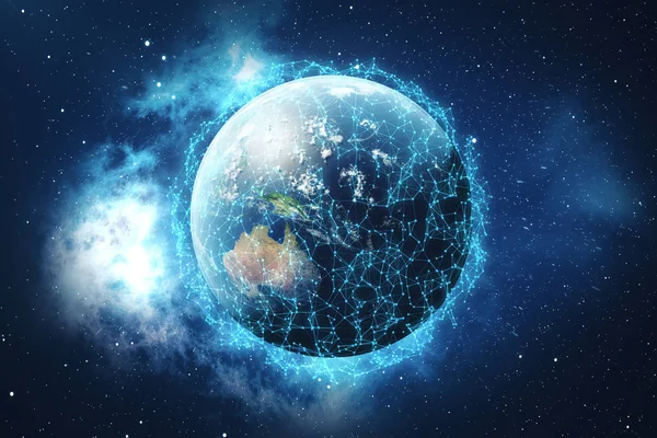 Representación 3D Red Global e Intercambio de Datos. Líneas de conexión alrededor de Earth Globe. Conectividad internacional global. Elementos de esta imagen proporcionados por la NASA . — Foto de Stock