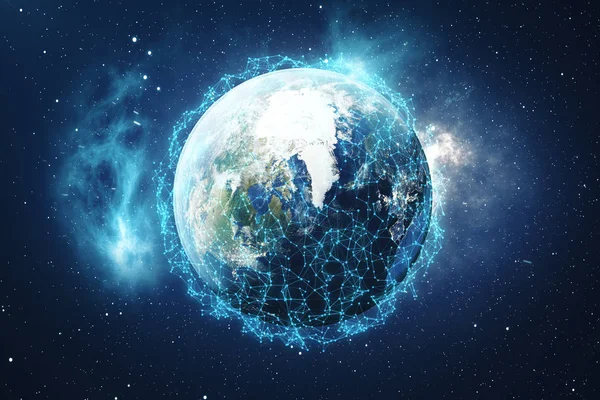 Representación 3D Red Global e Intercambio de Datos. Líneas de conexión alrededor de Earth Globe. Conectividad internacional global. Elementos de esta imagen proporcionados por la NASA . —  Fotos de Stock