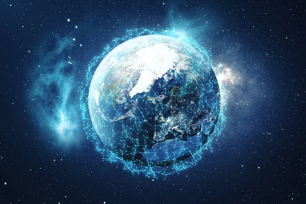 พื้นหลังเครือข่ายระดับโลก 3 มิติ เส้นเชื่อมต่อกับจุดรอบโลก การเชื่อมต่อระหว่างประเทศทั่วโลก โลกจากอวกาศกับดาวและเนบิวลา องค์ประกอบของภาพนี้ที่จัดทําโดย NA — ภาพถ่ายสต็อก