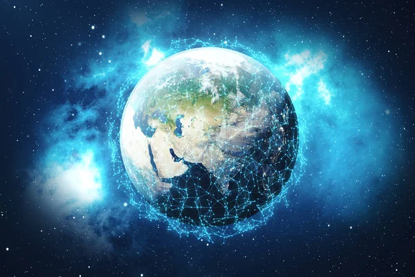 3D Rendering Global Network tausta. Yhteys linjat Dots Around Earth Globe. Maailmanlaajuiset kansainväliset yhteydet. Maa avaruudesta tähtien ja tähtisumun kanssa. Tämän NA:n toimittaman kuvan elementit — kuvapankkivalokuva