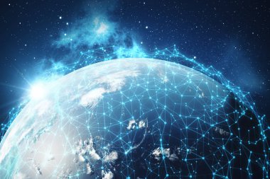 3D render uzayda Dünya gezegeni üzerinde ağ ve veri değişimi. Bağlantı etrafında dünya küre hatları. Çaplı uluslararası Connectivity, Nasa tarafından döşenmiş bu görüntü unsurları.