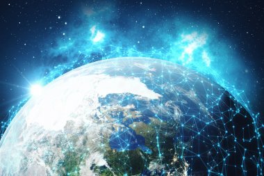3D render küresel ağ ve veri değişimi. Bağlantı etrafında dünya küre hatları. Çaplı uluslararası Connectivity. Nasa tarafından döşenmiş bu görüntü unsurları.