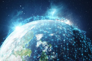 3D render küresel ağ arka plan. Dünya Dünya çapında noktalı bağlantı çizgileri. Çaplı uluslararası Connectivity. Dünya'dan alan ile yıldızlar ve bulutsu, Na tarafından döşenmiş bu görüntü unsurları