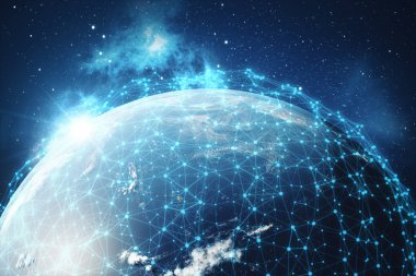 3D render uzayda Dünya gezegeni üzerinde ağ ve veri değişimi. Bağlantı etrafında dünya küre hatları. Çaplı uluslararası Connectivity. Nasa tarafından döşenmiş bu görüntü unsurları