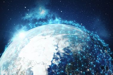 3D render uzayda Dünya gezegeni üzerinde ağ ve veri değişimi. Bağlantı etrafında dünya küre hatları. Çaplı uluslararası Connectivity. Nasa tarafından döşenmiş bu görüntü unsurları